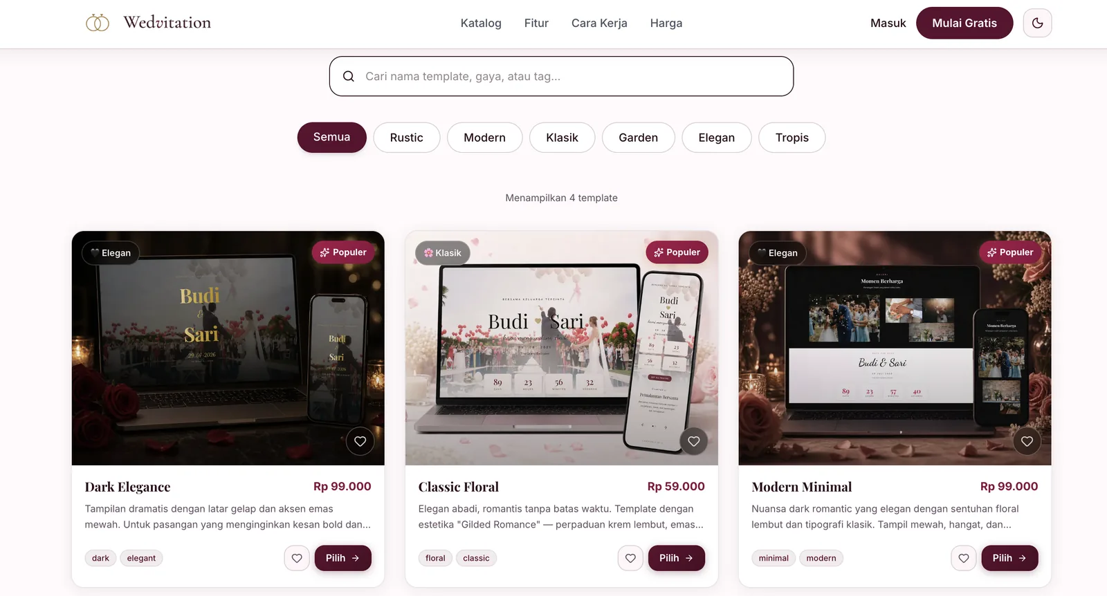 Katalog template undangan digital dengan 12+ pilihan premium