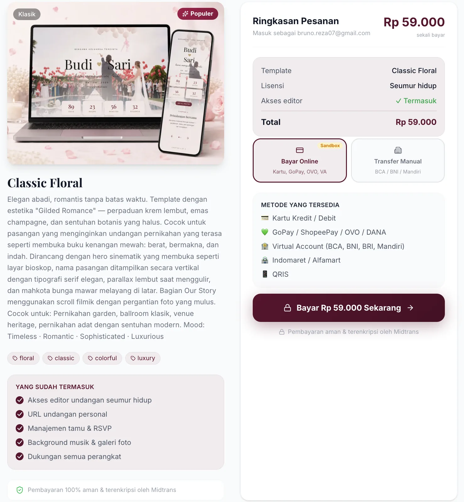 Halaman checkout dengan pilihan metode pembayaran