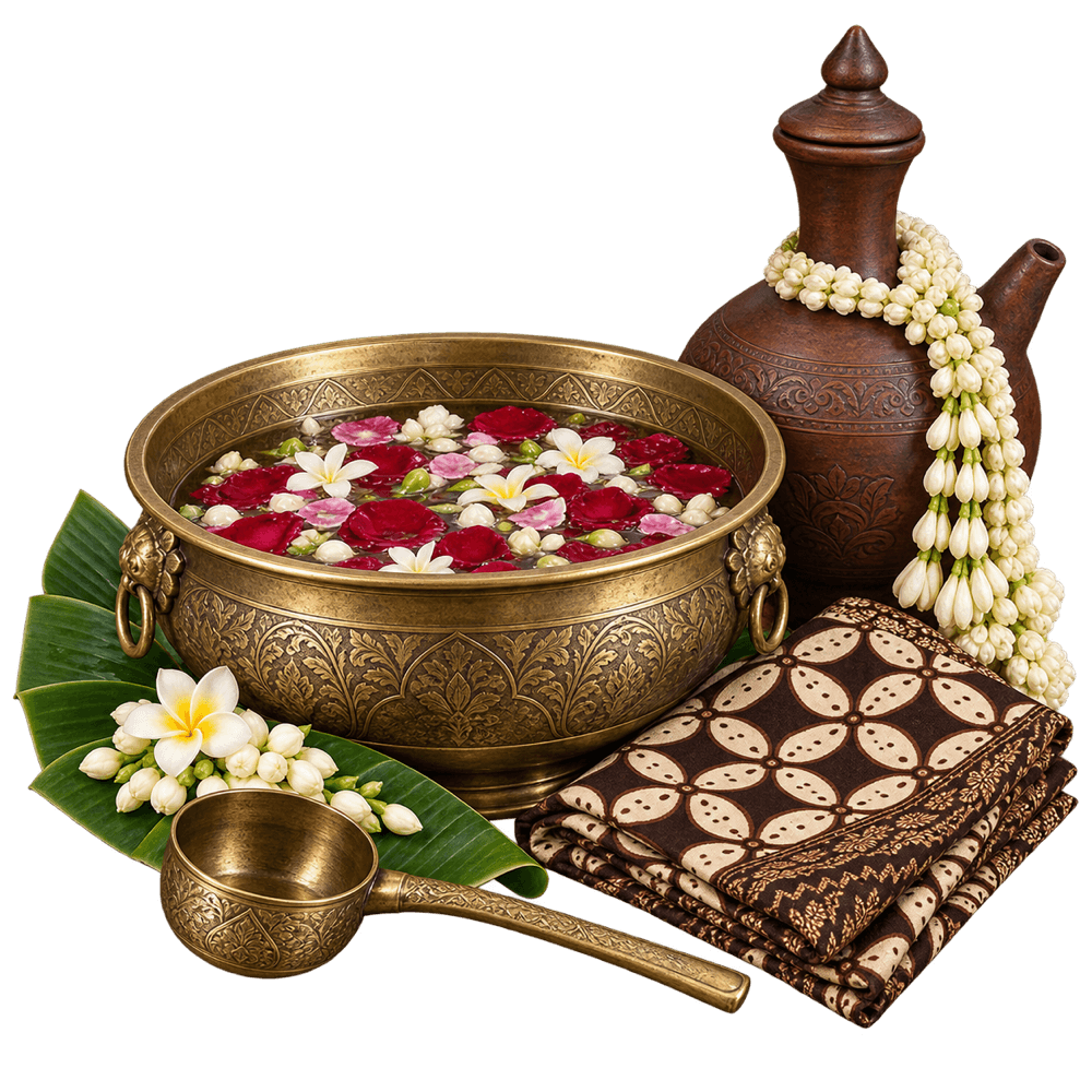 Bokor, kendi, dan kain batik untuk siraman