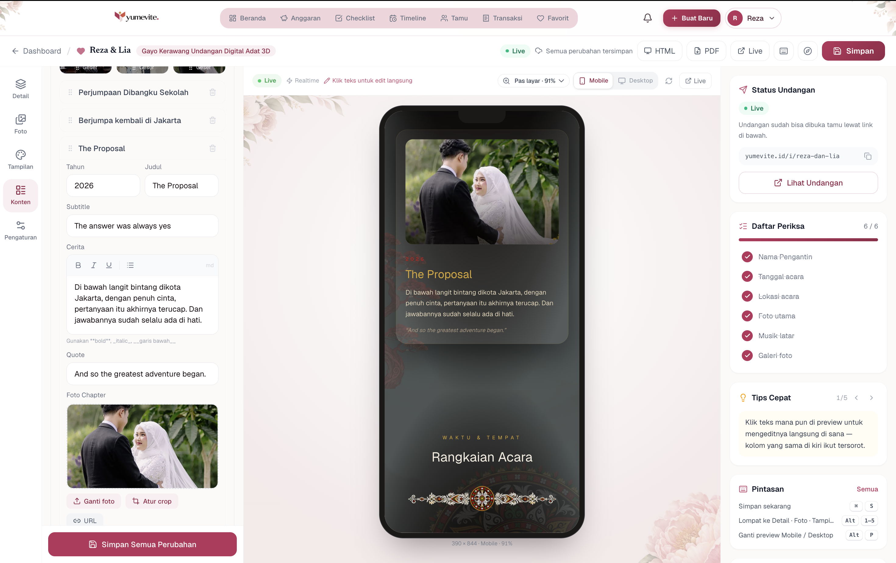 Editor Yumevite dengan pengaturan foto dan preview undangan di ponsel
