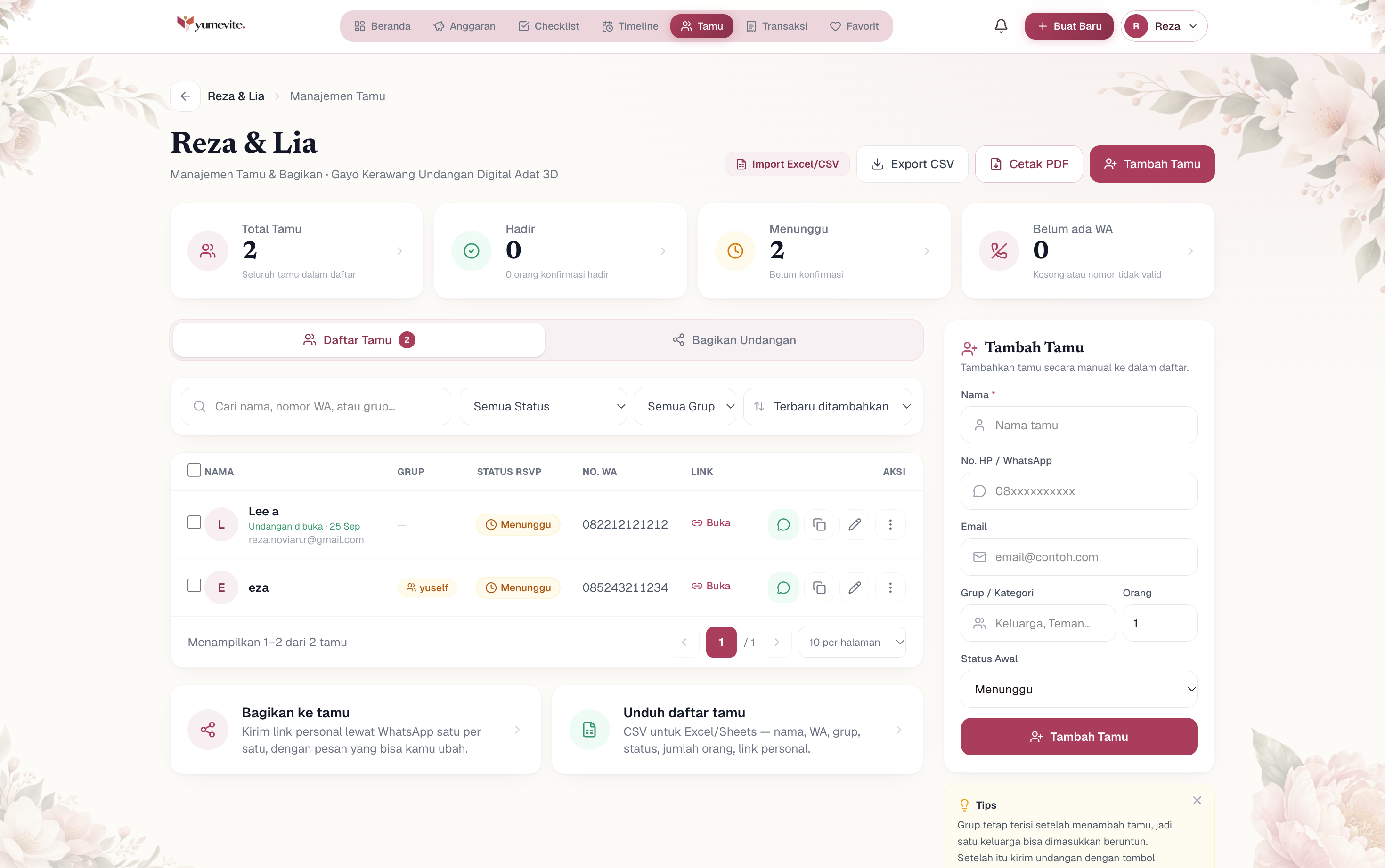 Halaman daftar tamu Yumevite dengan link personal per tamu